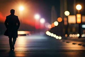 a man walking down a street at night. AI-Generated photo