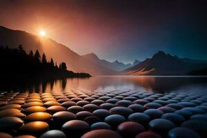 a lake with rocks and mountains in the background. AI-Generated photo