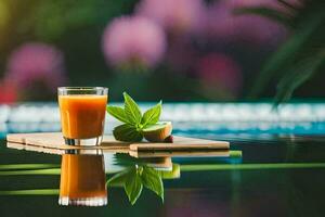 a glass of orange juice sits on a wooden tray next to a pool. AI-Generated photo