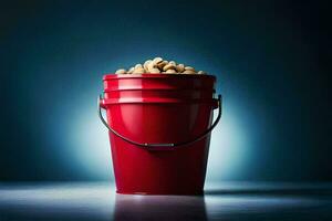 a red bucket filled with peanuts on a table. AI-Generated photo