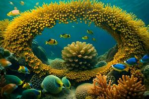 an underwater scene with many colorful fish. AI-Generated photo