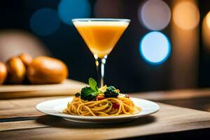 a plate with spaghetti and a cocktail on it. AI-Generated photo