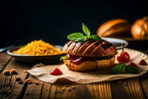 a sandwich with cherry tomatoes and rice on a wooden table. AI-Generated photo