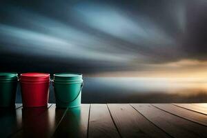 three buckets sit on a wooden floor with a sky in the background. AI-Generated photo