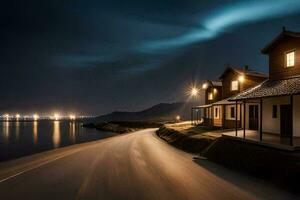 a house with a long exposure of the aurora lights. AI-Generated photo