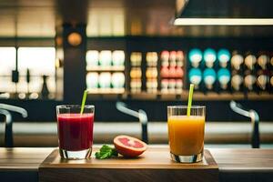 two glasses of juice on a wooden tray. AI-Generated photo