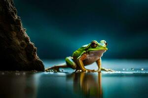 a frog sitting on the edge of a rock in the water. AI-Generated photo