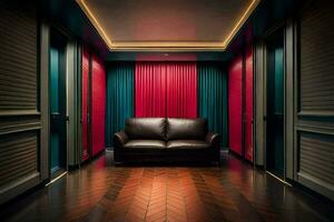 a room with a leather couch and red curtains. AI-Generated photo