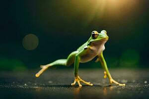 a frog is standing on its legs on a dark background. AI-Generated photo