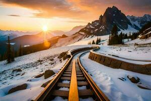 a train track in the snow with the sun setting behind it. AI-Generated photo