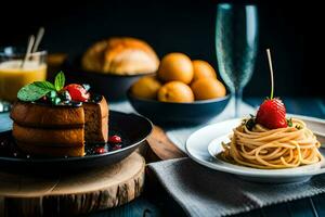 a plate of spaghetti and cake on a table. AI-Generated photo