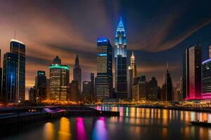 el ciudad horizonte a noche con vistoso luces. generado por ai foto