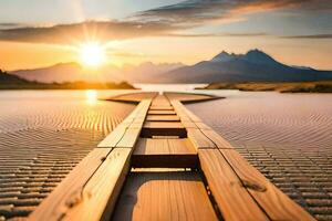 a wooden bridge leads to the sun rising over a lake. AI-Generated photo