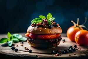 a hamburger with tomatoes and herbs on a wooden board. AI-Generated photo