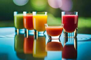 a row of glasses with different colored juices. AI-Generated photo