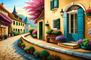 a painting of a street with flowers and potted plants. AI-Generated photo