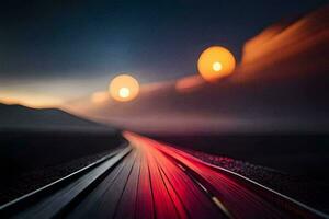 a train track with two lights in the sky. AI-Generated photo