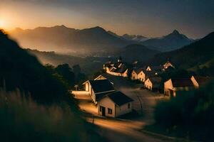 un pueblo en el montañas a puesta de sol. generado por ai foto