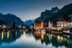 the town of switzerland at dusk. AI-Generated photo