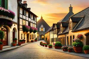a street in europe with flower pots on the side. AI-Generated photo