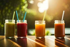 five different types of smoothies in jars on a table. AI-Generated photo