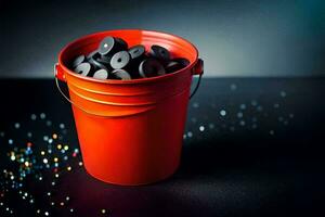 a red bucket filled with black rubber balls. AI-Generated photo