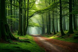 un camino mediante un verde bosque con arboles y arboles generado por ai foto