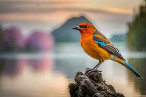 a colorful bird sits on a tree stump in front of a lake. AI-Generated photo