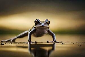 un rana es en pie en un mojado superficie. generado por ai foto