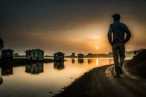 un hombre caminando a lo largo un la carretera a puesta de sol. generado por ai foto