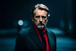 a man in a black suit and red scarf. AI-Generated photo