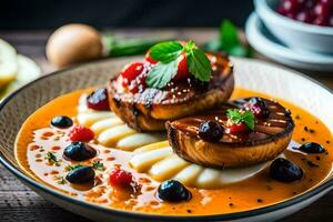 a plate of food with two grilled mushrooms and berries. AI-Generated photo