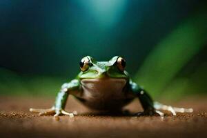 a frog sitting on the ground with a green background. AI-Generated photo