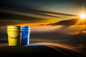 dos cubos sentar en el arena a puesta de sol. generado por ai foto