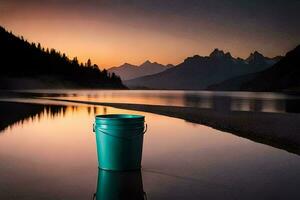 a bucket sitting on the shore of a lake at sunset. AI-Generated photo