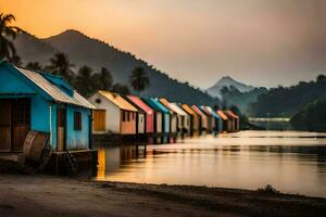 colorful houses line the shore of a lake at sunset. AI-Generated photo