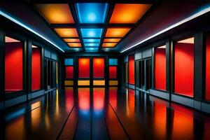 a hallway with red, blue and yellow lights. AI-Generated photo