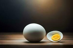 an egg and a half shell on a table. AI-Generated photo