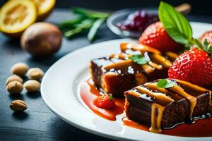 a plate with strawberries, nuts and syrup on it. AI-Generated photo