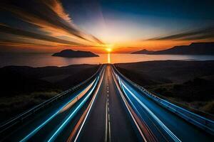 a long exposure photograph of a road with cars driving on it. AI-Generated photo