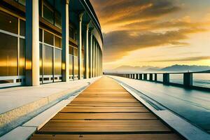 a long walkway leads to a building with a sunset in the background. AI-Generated photo