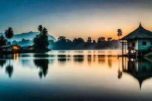 a small hut sits on the shore of a lake at sunrise. AI-Generated photo