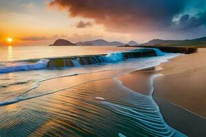 the sun sets over the ocean and waves crashing into the sand. AI-Generated photo