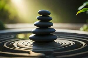 a stack of stones sitting on top of a water fountain. AI-Generated photo