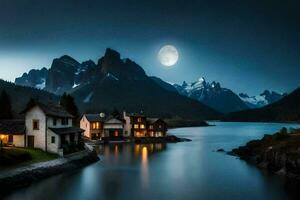 foto fondo de pantalla el luna, montañas, lago, casa, luna, el noche, el luna,. generado por ai