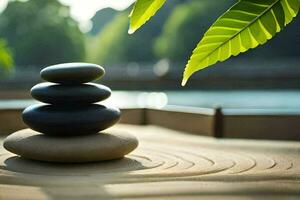 a stack of stones on a wooden table. AI-Generated photo