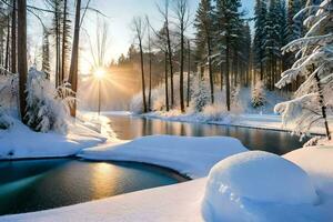 un río en el nieve. generado por ai foto