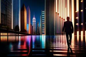 a man in a suit walks through a city at night. AI-Generated photo