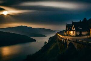 a bridge over a river at night with a moon in the sky. AI-Generated photo