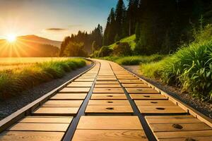 a wooden path leading to the sun. AI-Generated photo